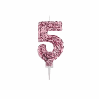 נר ספרה 5 ורוד גליטר